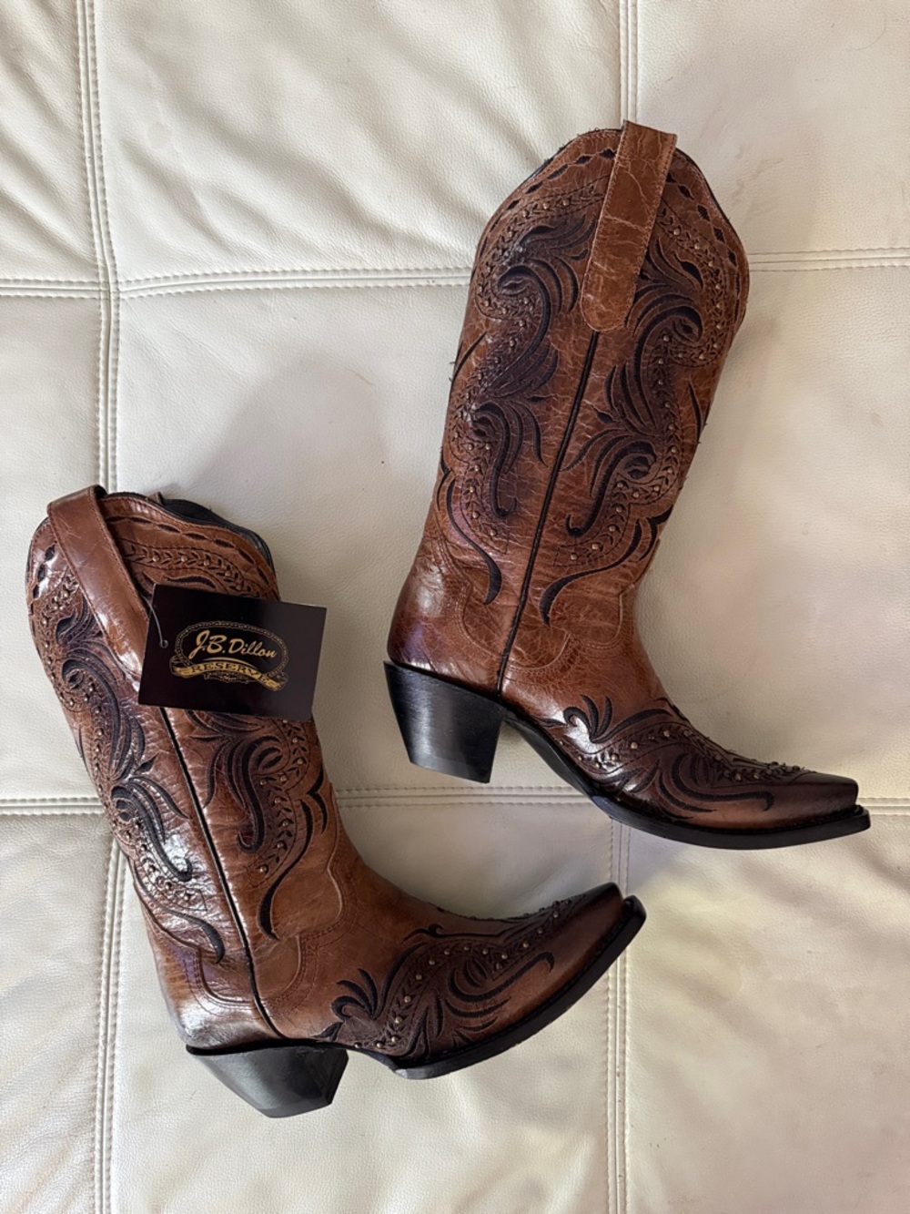 JB Dillon Brown Tooled Leather Cowboy Boots
